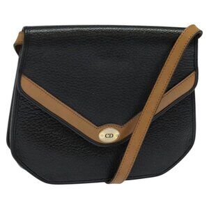Authentic Christian Dior Shoulder Bag Leather Black Gold
